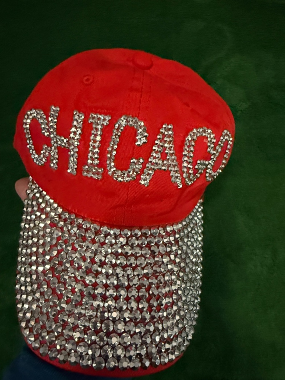 Red Chicago Rhinestone Baseball Cap - Picture 3 of 5